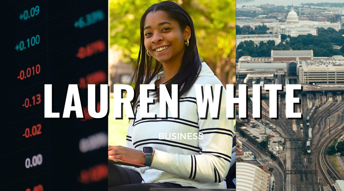 The thumbnail for Lauren White's interview, featuring her photo in the middle, flanked by numbers on a computer and a bird's eye view of Washington, D.C. Her name is in white font across the middle.