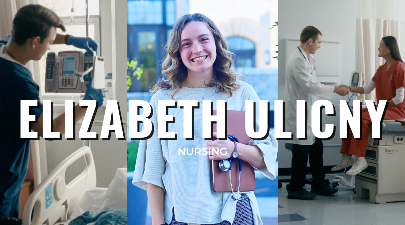 The thumbnail for Elizabeth Ulicny's interview video includes two images of nursing students at work flanking Elizabeth's photo. Her name is in bold white lettering across the image.