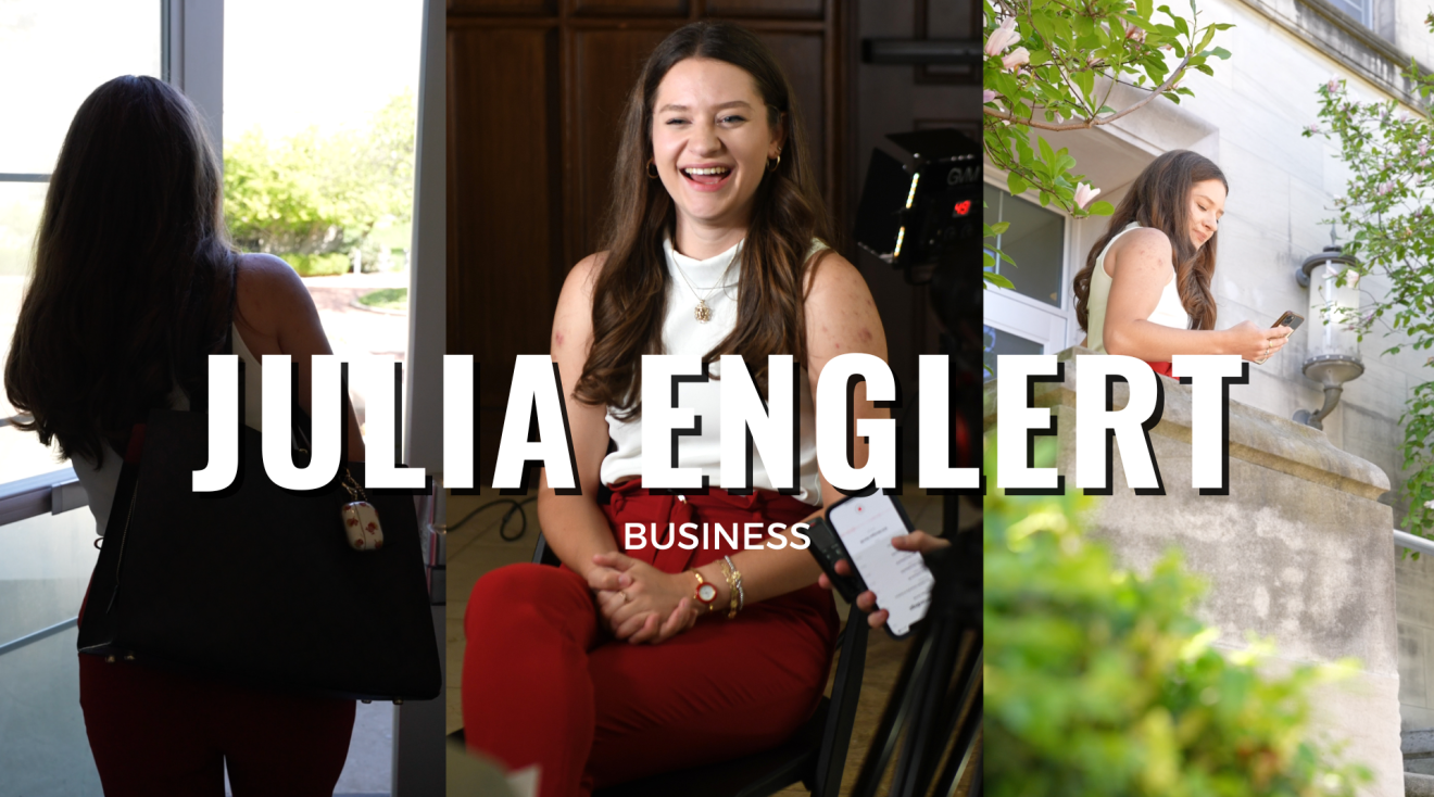 Three images of Julia Englert around Catholic University campus are in a collage with her name across the front.