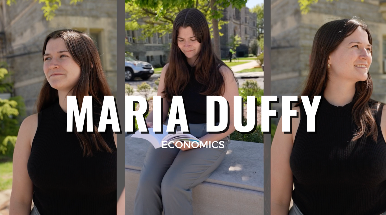 The thumbnail image of Maria Duffy's interview includes three separate image of her with her name in bold white lettering in the center of the image.